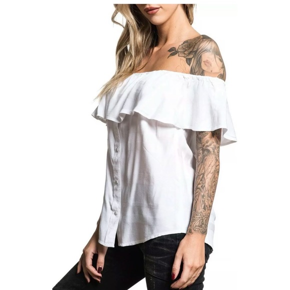 Affliction Sydney Rose Rhinestone Women’s s Off Shoulder Button Up Ruffle Top Wh - Picture 4 of 6